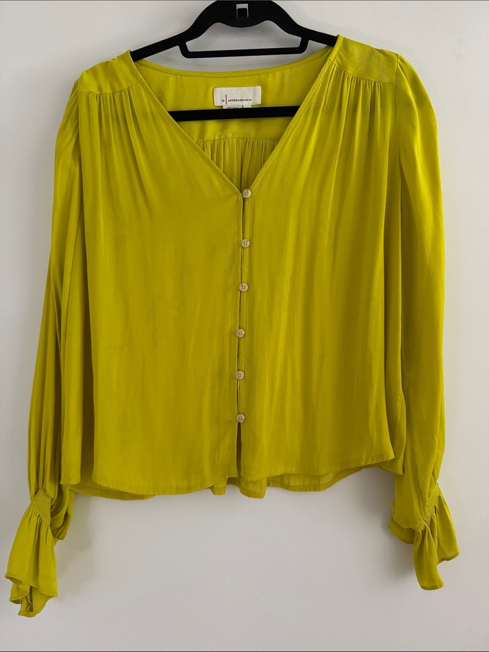 Anthropologie Chartreuse V-Neck Button Front Blouse